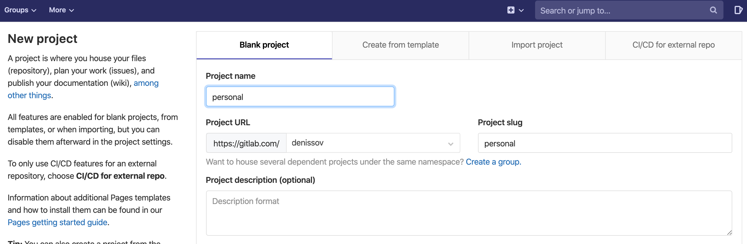 GitLab a new project form