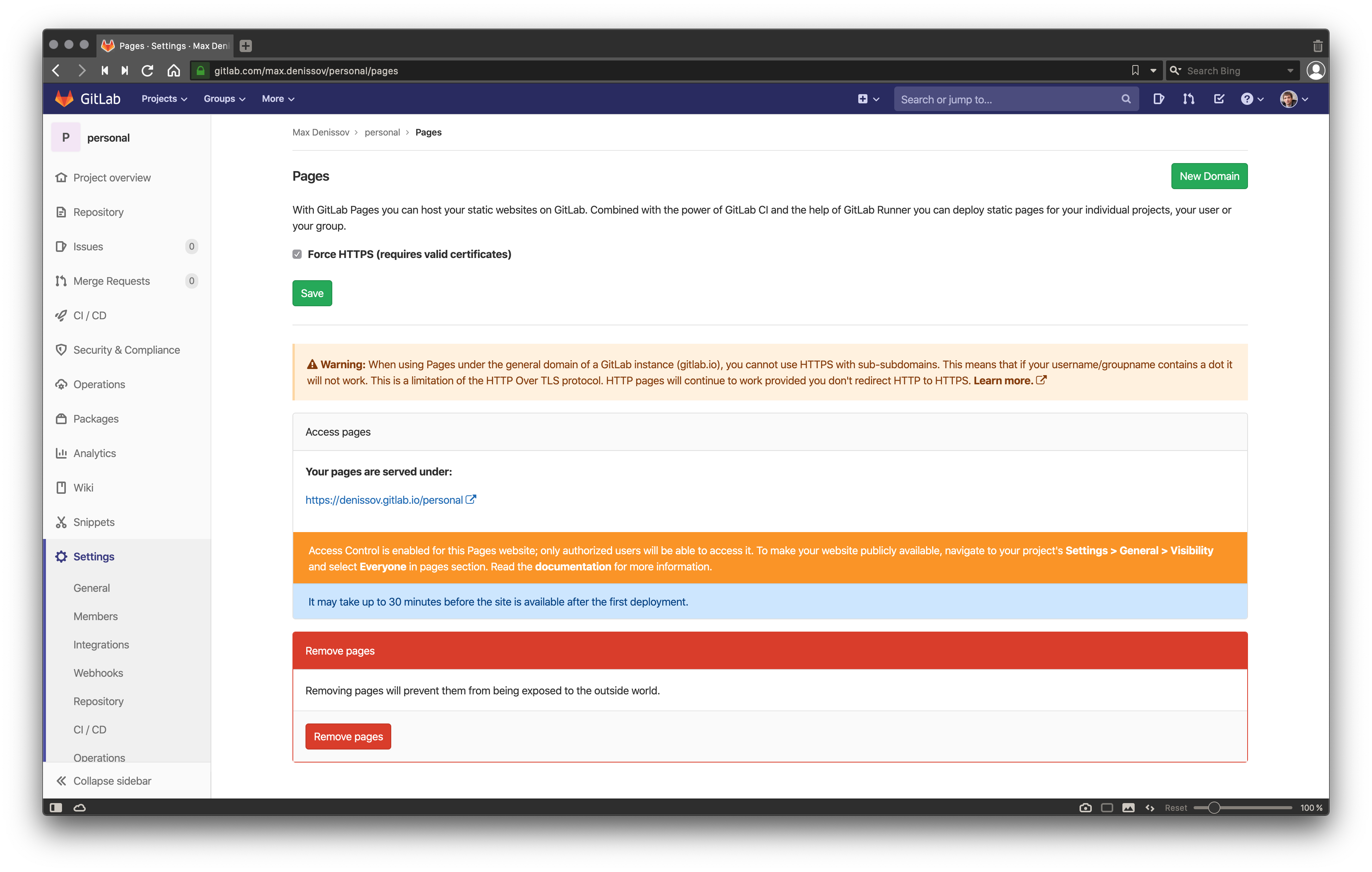 Gitlab pages status